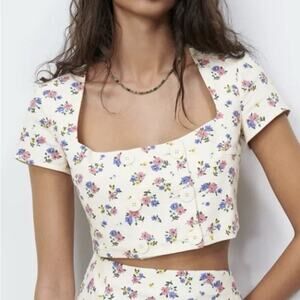 ZARA Floral Crop Top Womens Sz Medium Square Neck Linen Blend Cottagecore